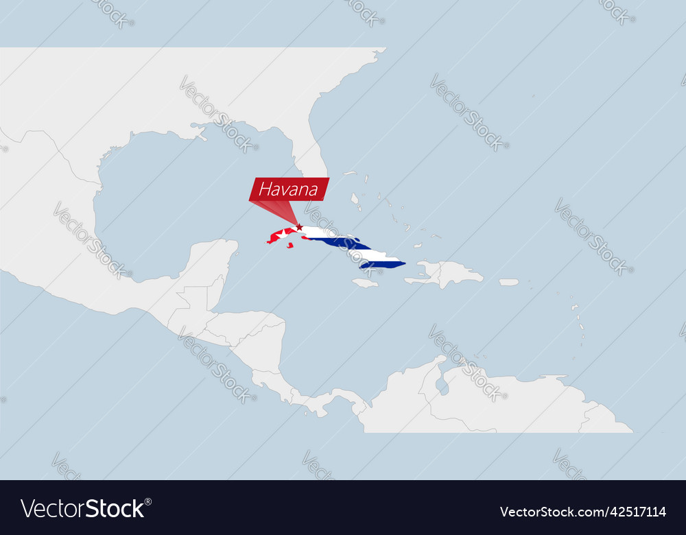 Cuba map highlighted in flag colors and pin