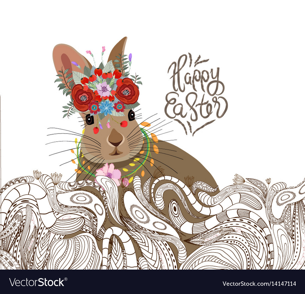 Easter rabbit doodle floral ornament background