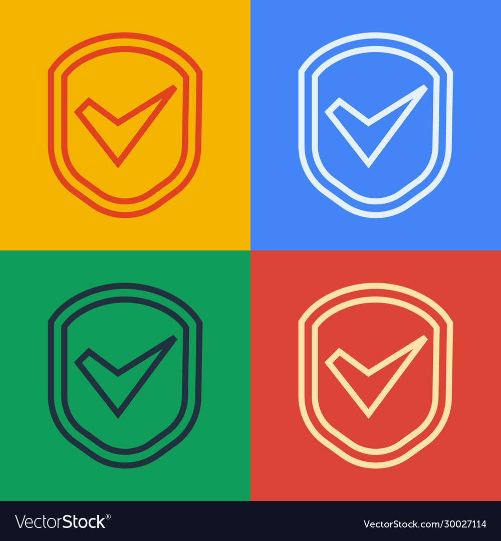 Pop art line shield with check mark icon isolated