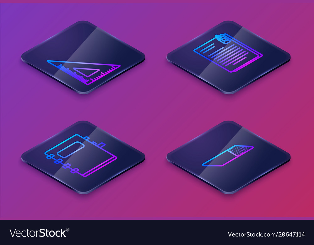 Set isometric line triangular ruler notebook vector image Set isometric line triangular ruler notebook