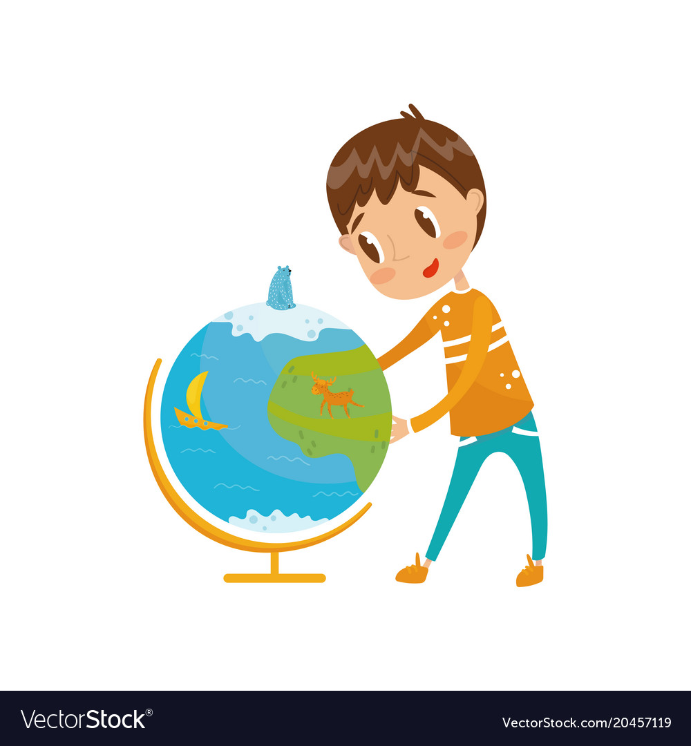 Boy learning geography with big school globe