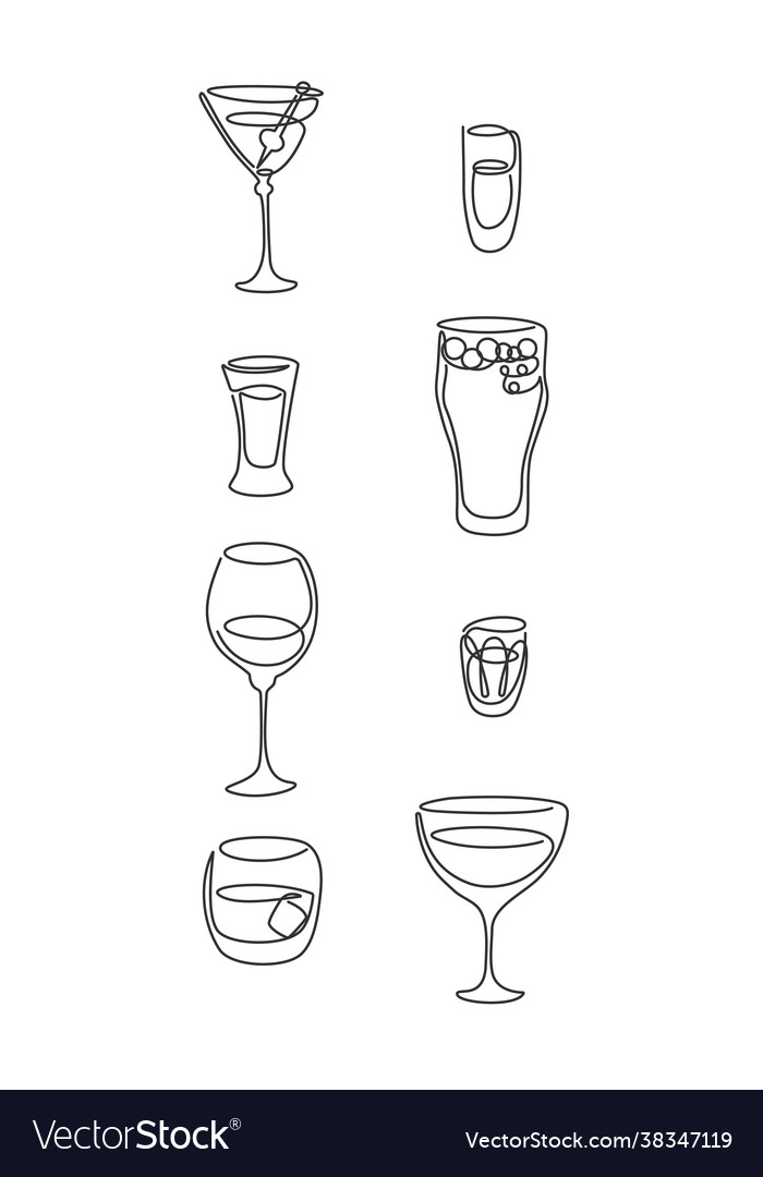 One Line Drawing Martini Rum Red Wine Tequila Vector Image