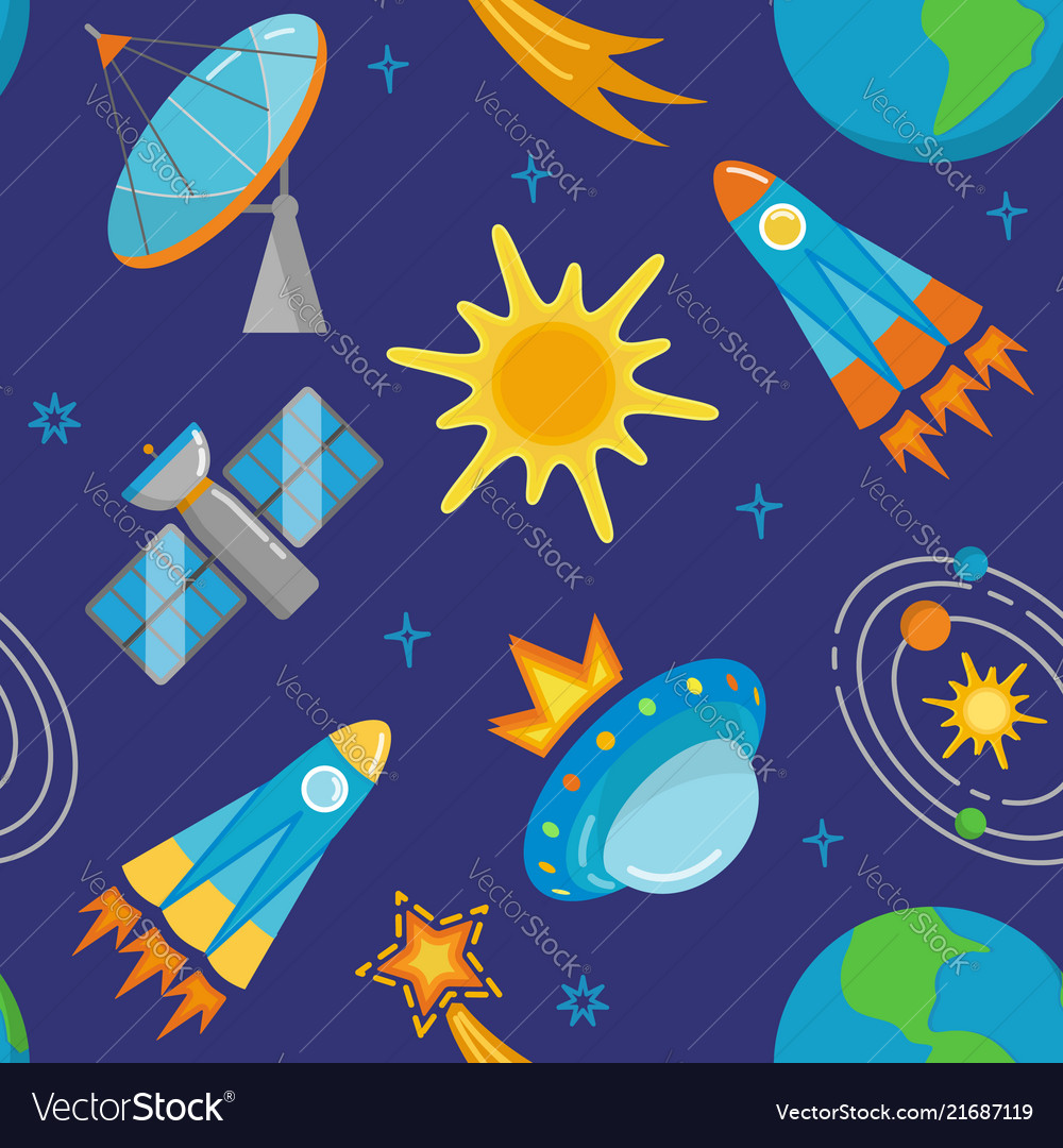 Seamless pattern with bright space icons in flat vector image Seamless pattern with bright space icons in flat