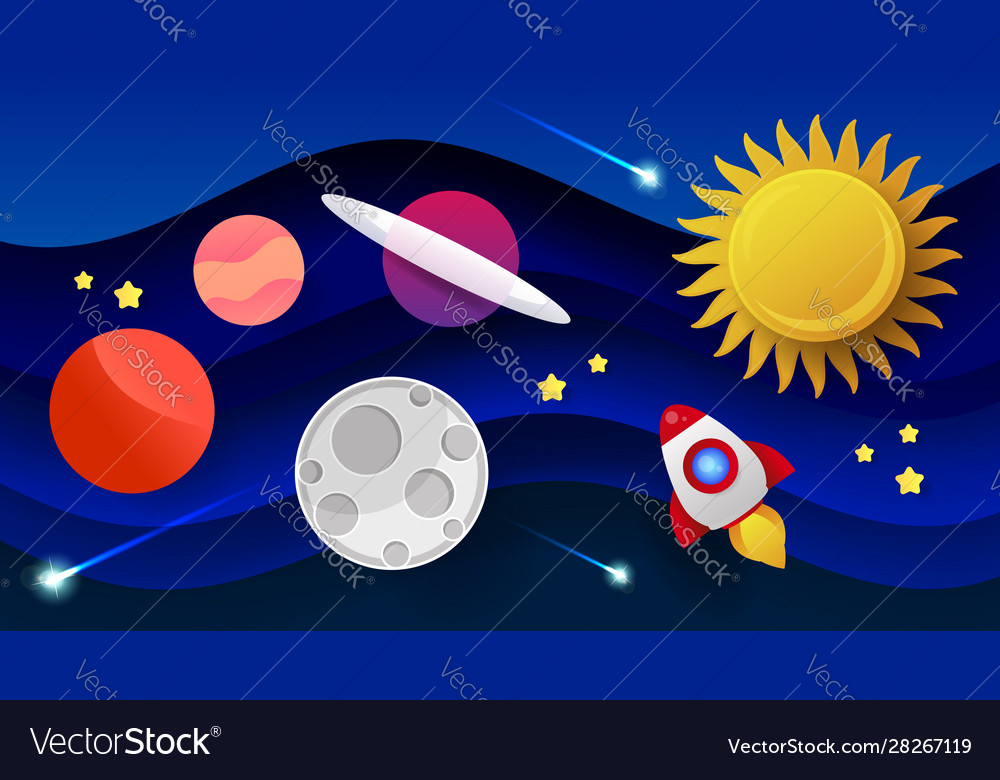Space flat background with rocket spaceship