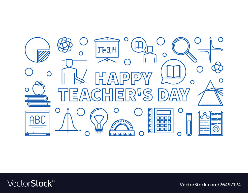 Happy Teachers Day Outline Blue Banner Royalty Free Vector