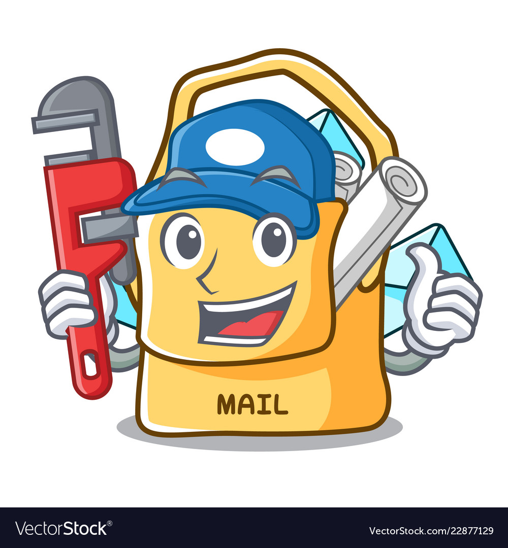 Plumber mail bag character on table front