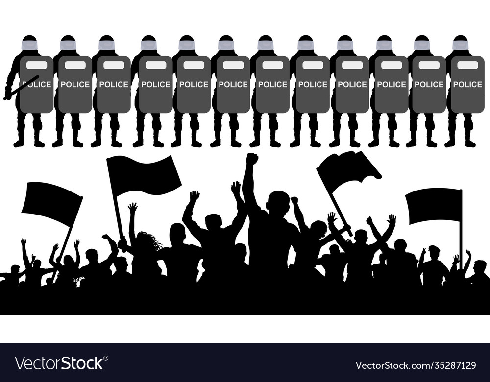 Protesters with Flags Against Police