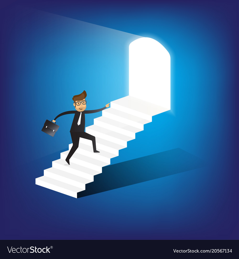 Businessman running up stairway to the door Vector Image