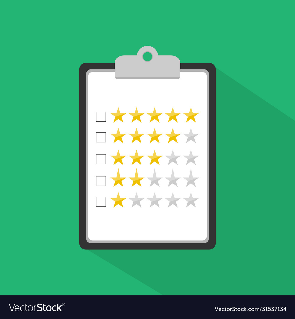 Clipboard with rating stars and checkboxes