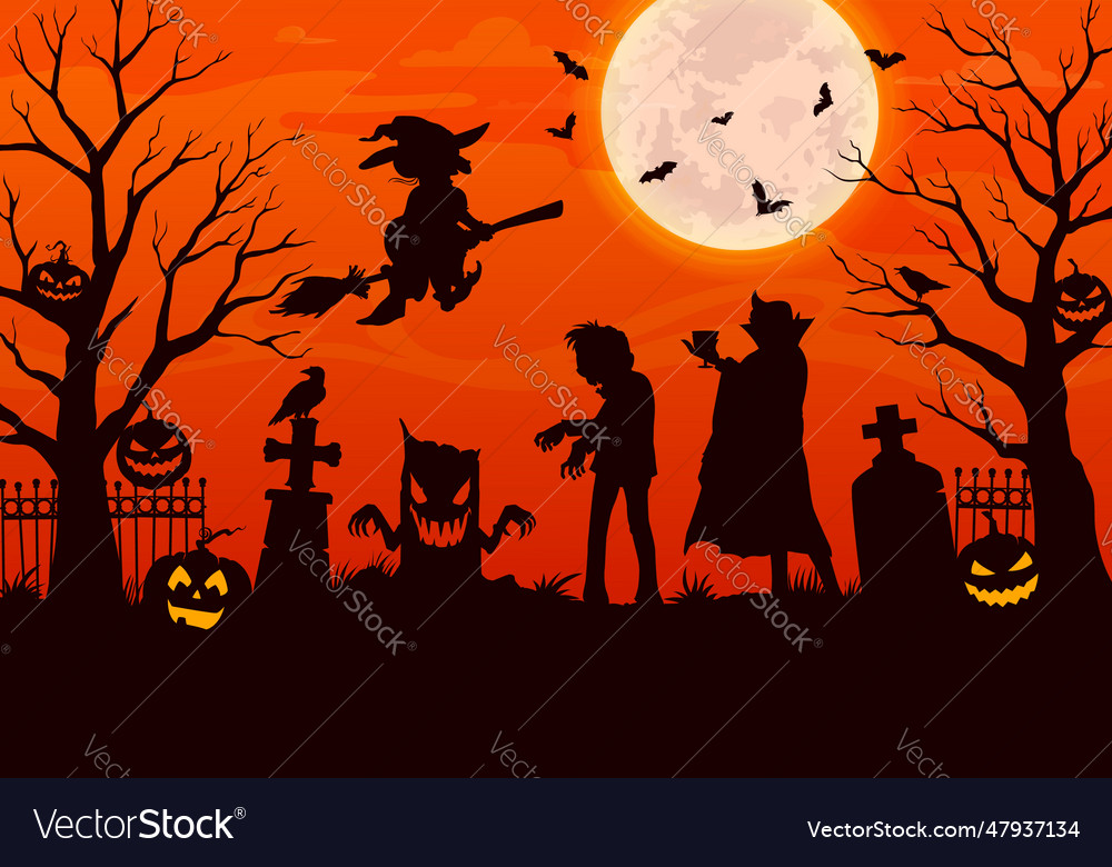 Halloween characters silhouettes on cemetery Vector Image