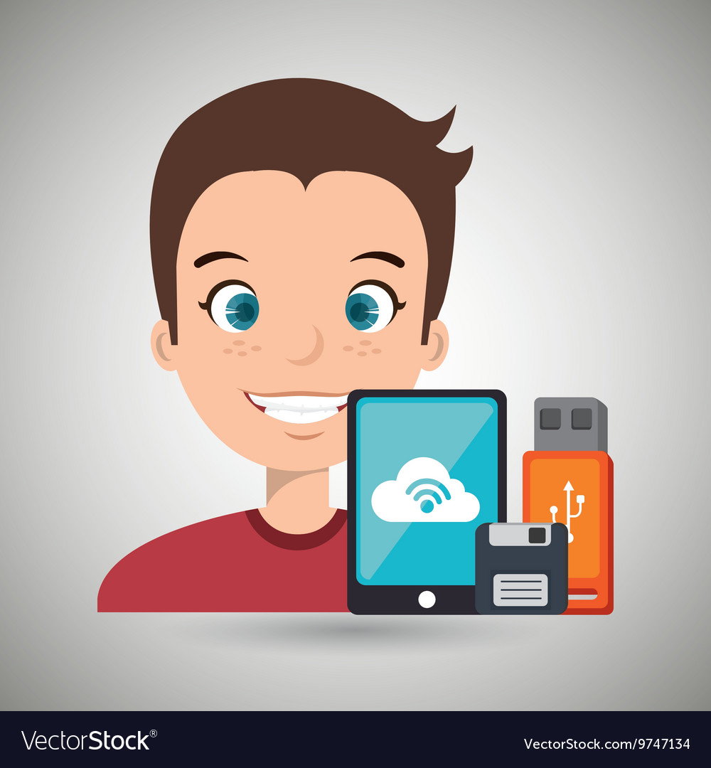 Man with smartphone and storage devices isolated