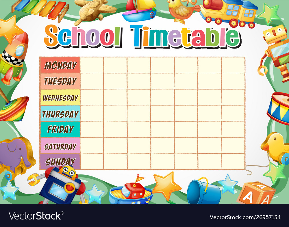 School timetable template with toys Royalty Free Vector