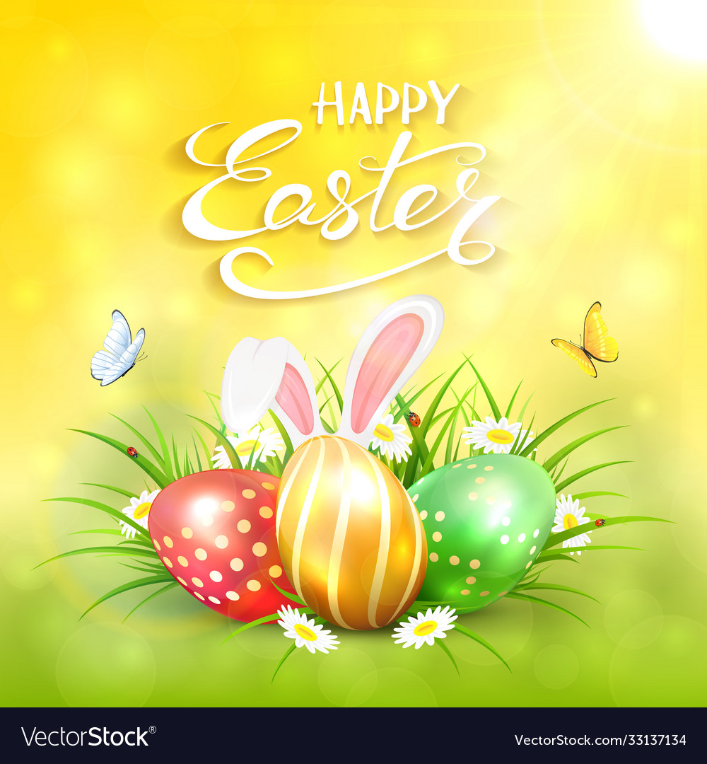 Yellow sunny background with easter eggs Vector Image