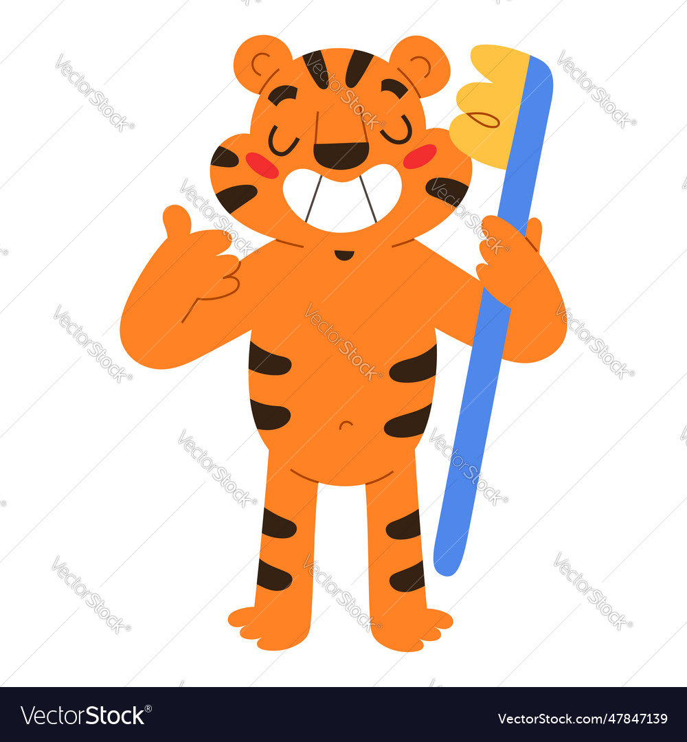 Cute smiling tiger holding a huge tooth brush