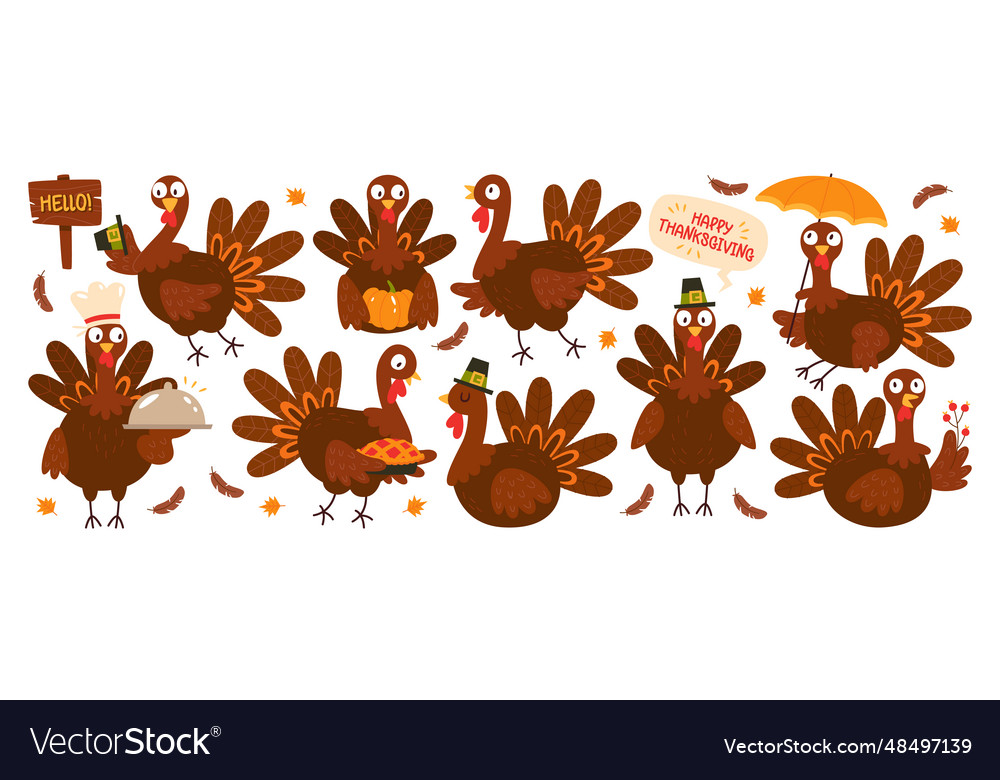 Funny Turkey Bird Cartoon Character Set Happy Vector Image