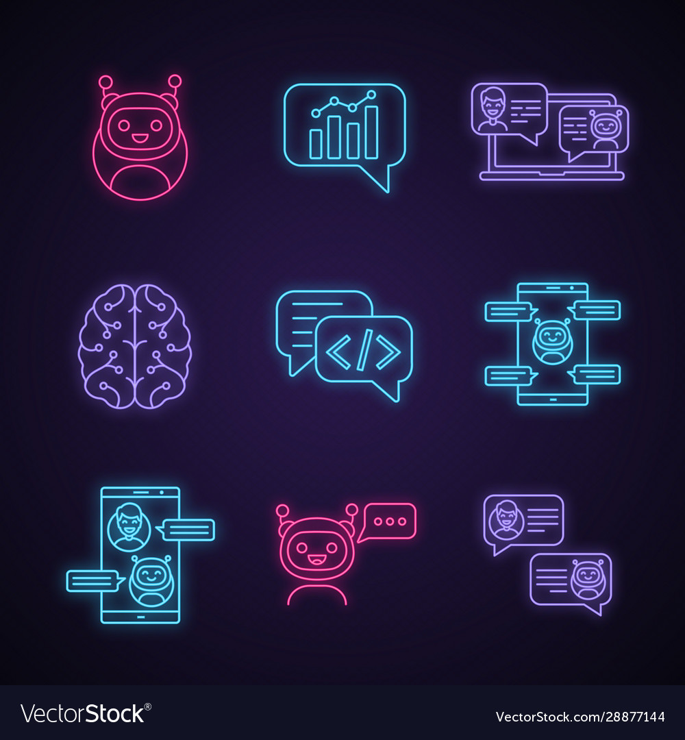 Chatbots neon light icons set