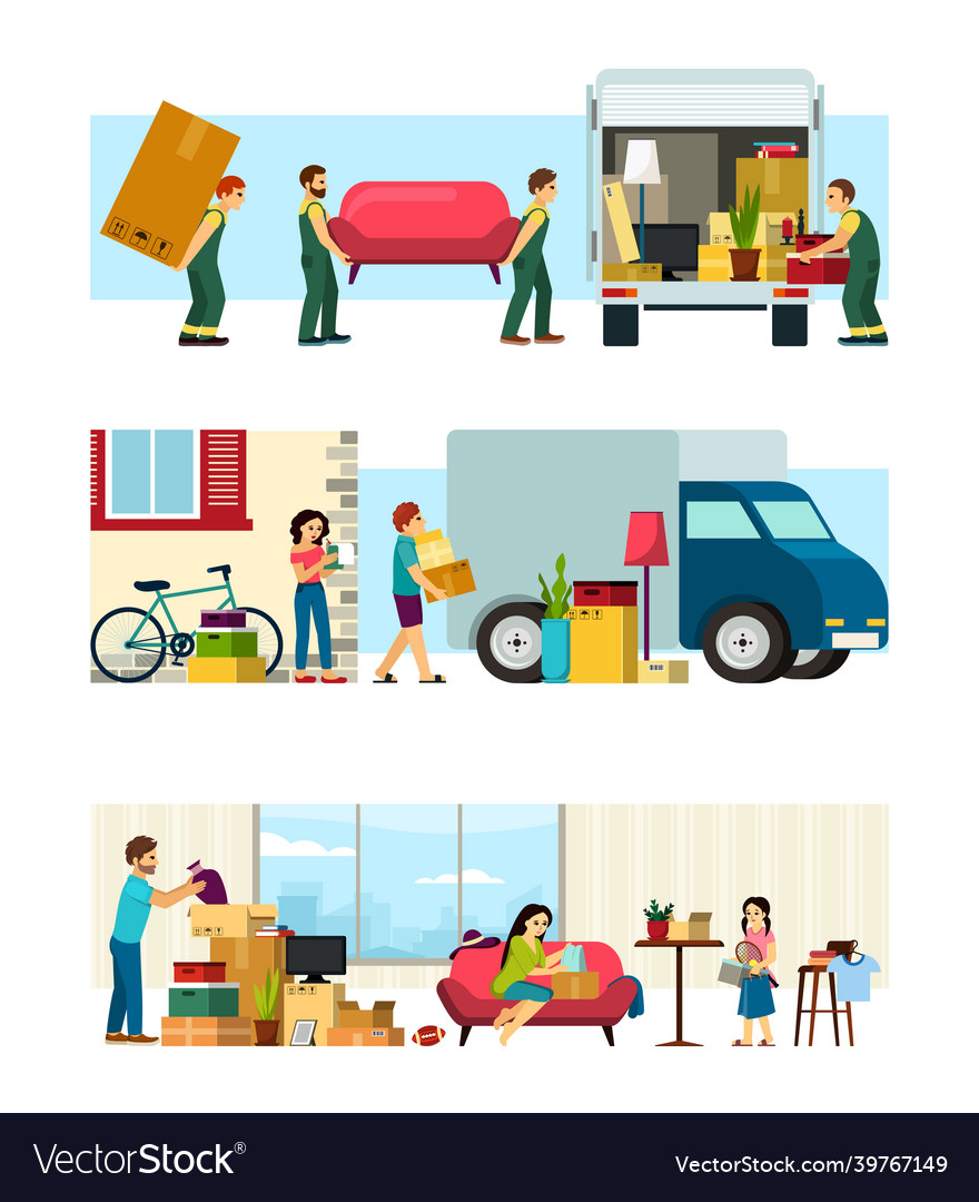 Moving To New Place Residence Set Family Arranges Vector Image