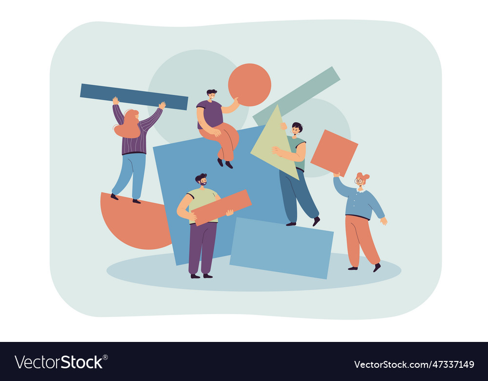 Team of people carrying and arranging geometric Vector Image