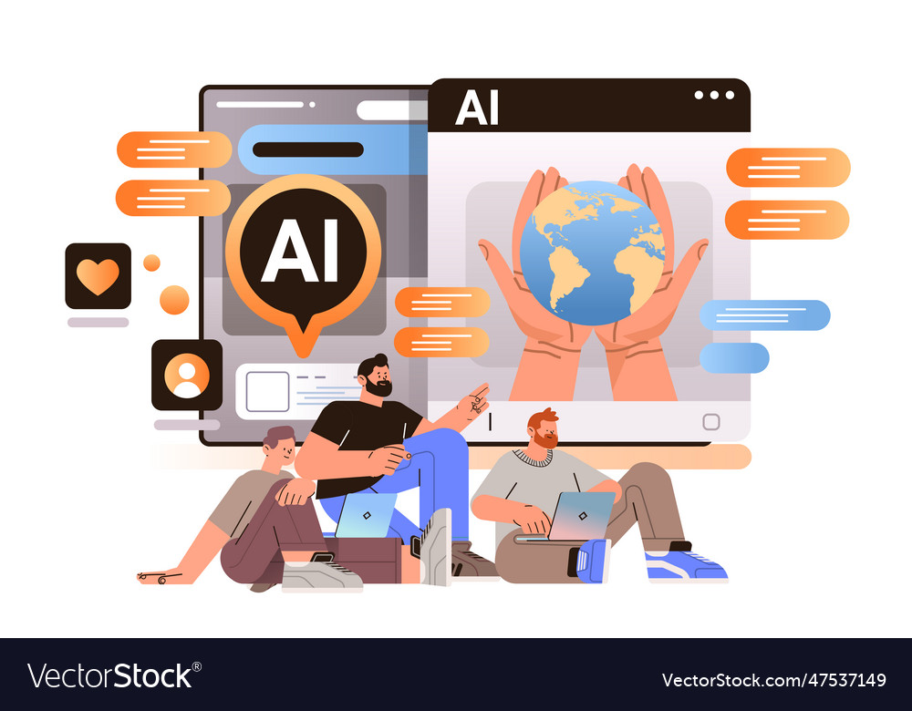 Freiwillige mit Computer-App mit ai Helper Bot