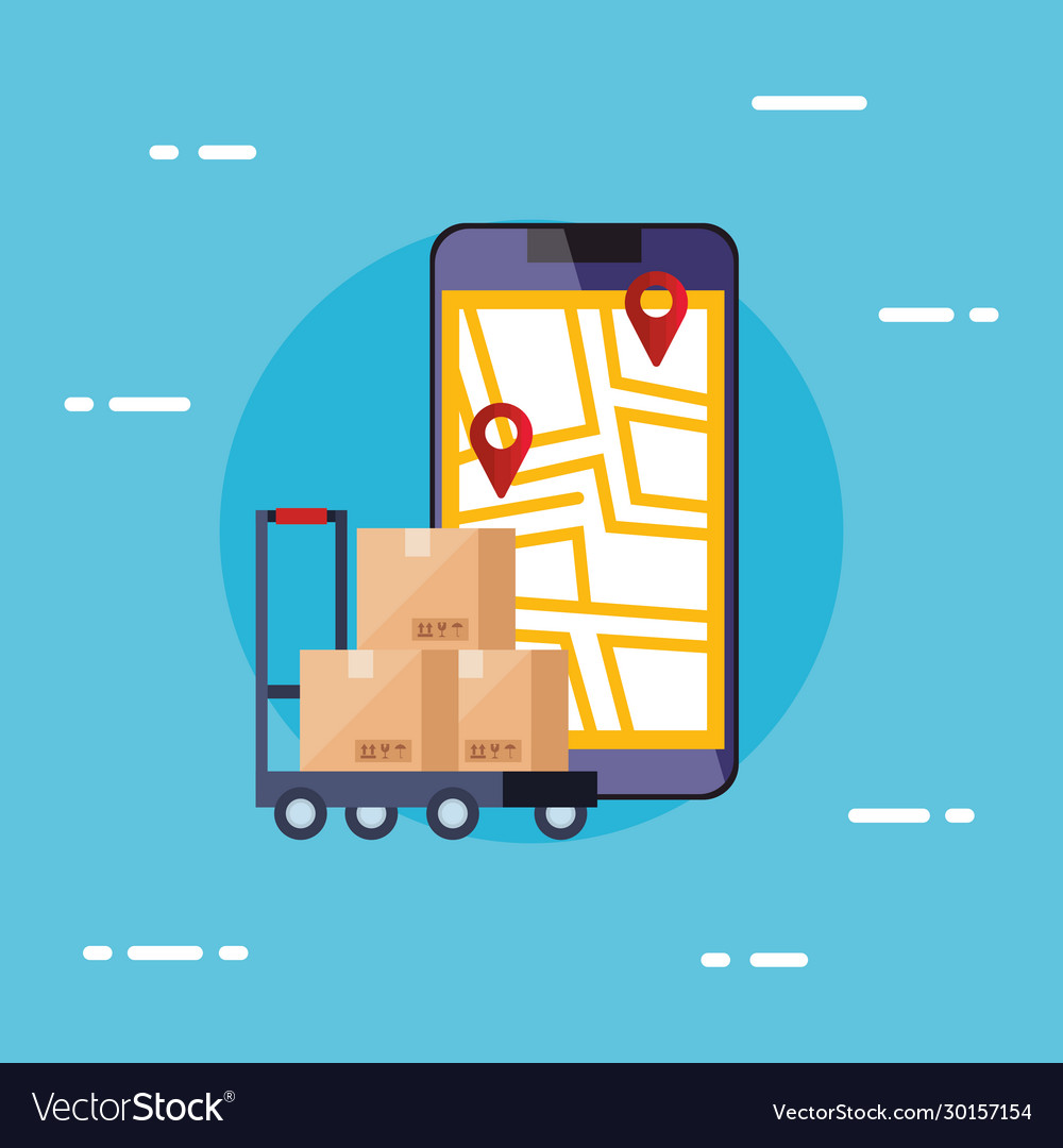 Smartphone with map location app and boxes