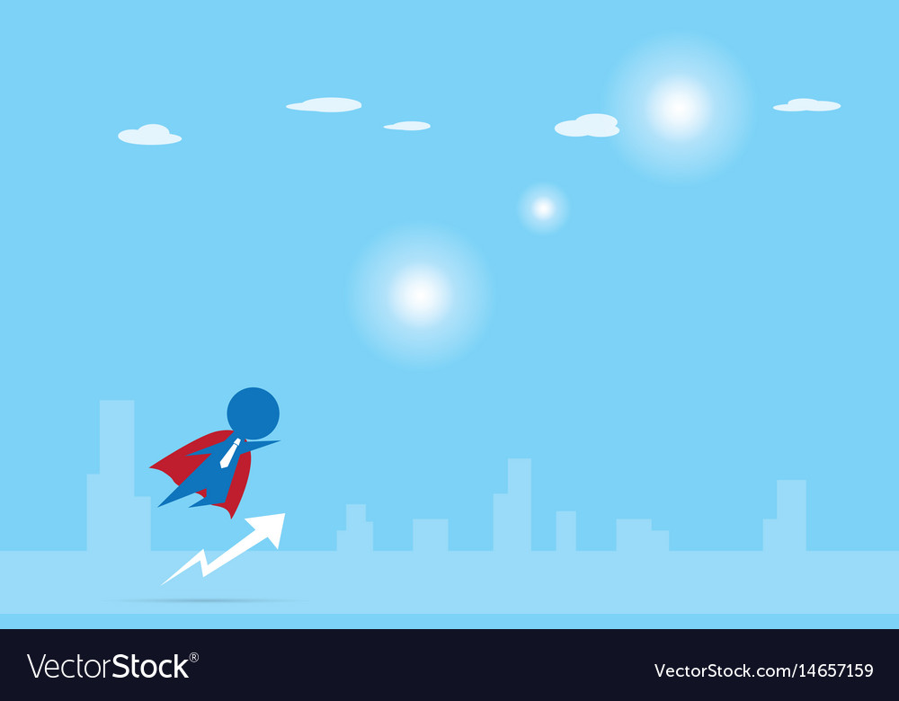 Businessman with red cloak flying into the sky