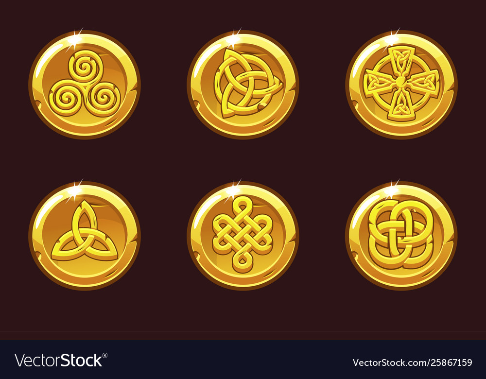 Coins with celtic symbols cartoon set celtic vector image Coins with celtic symbols cartoon set celtic