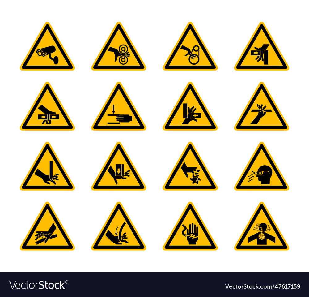 Triangular warning hazard symbols labels isolate Vector Image