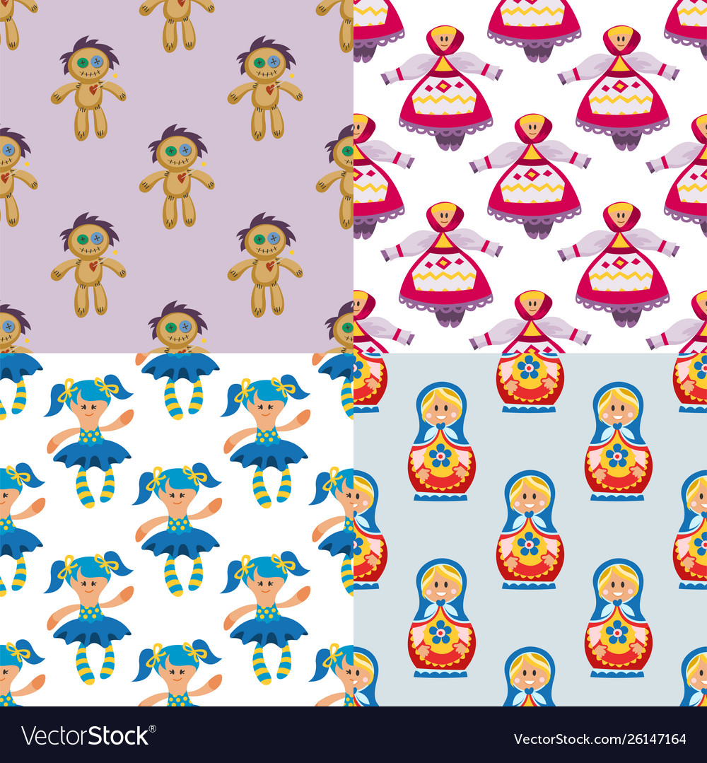 Different dolls toy character game dress seamless vector image Different dolls toy character game dress seamless