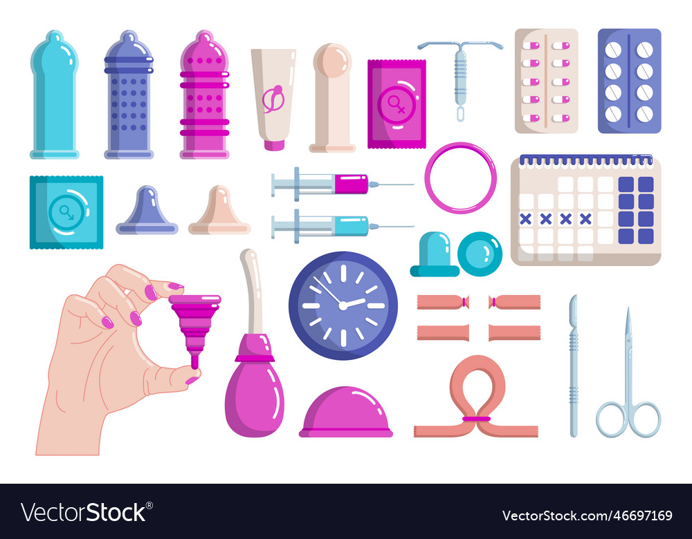 Different contraceptives flat Royalty Free Vector Image