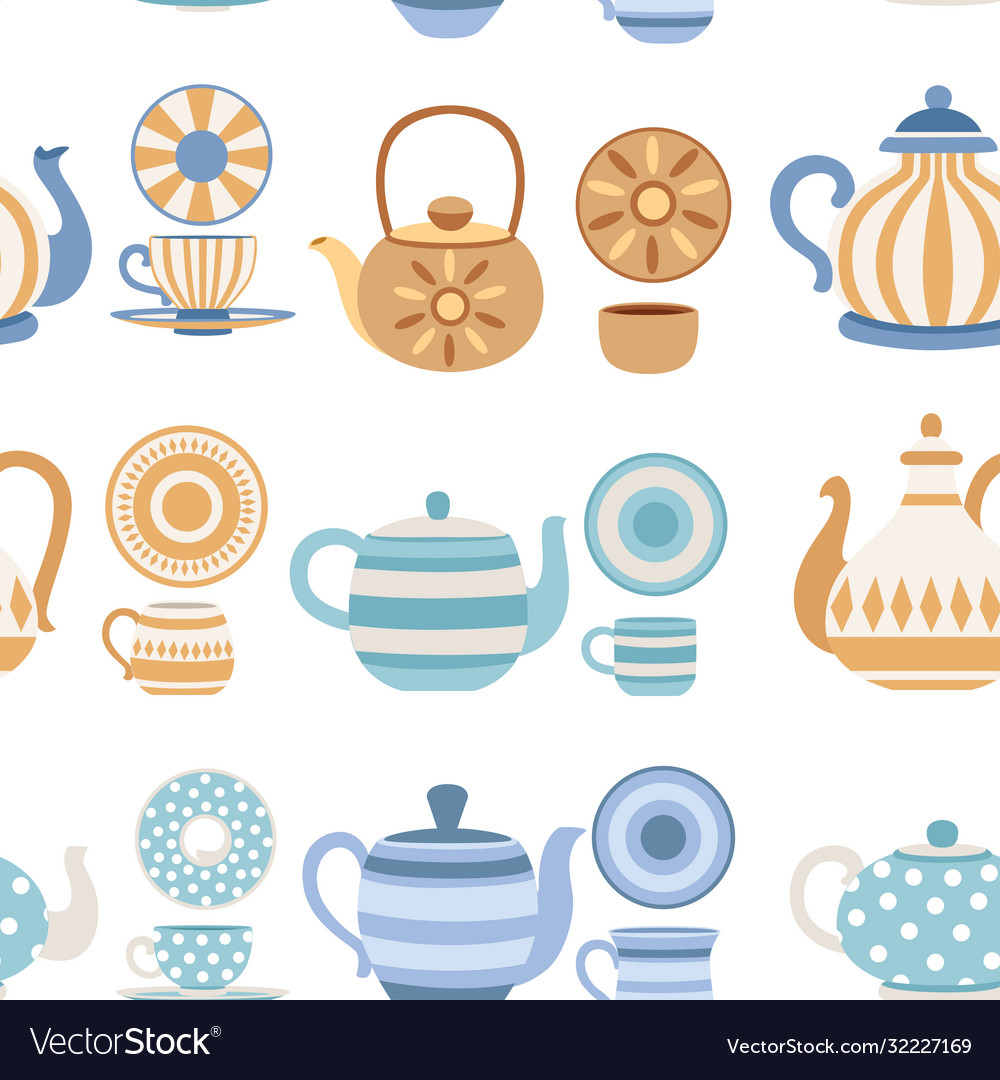Seamless pattern set teapots and cups vector image Seamless pattern set teapots and cups