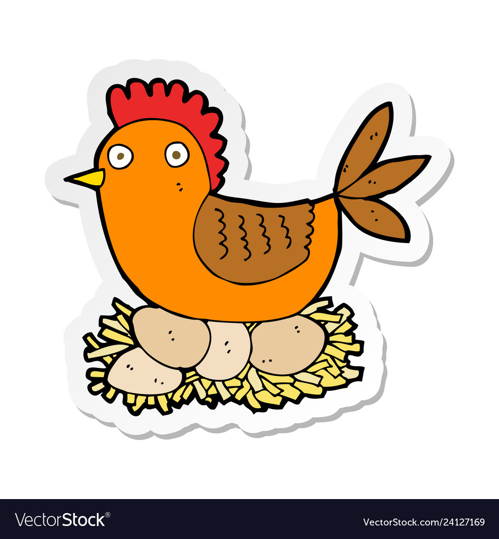 Sticker of a cartoon hen on eggs