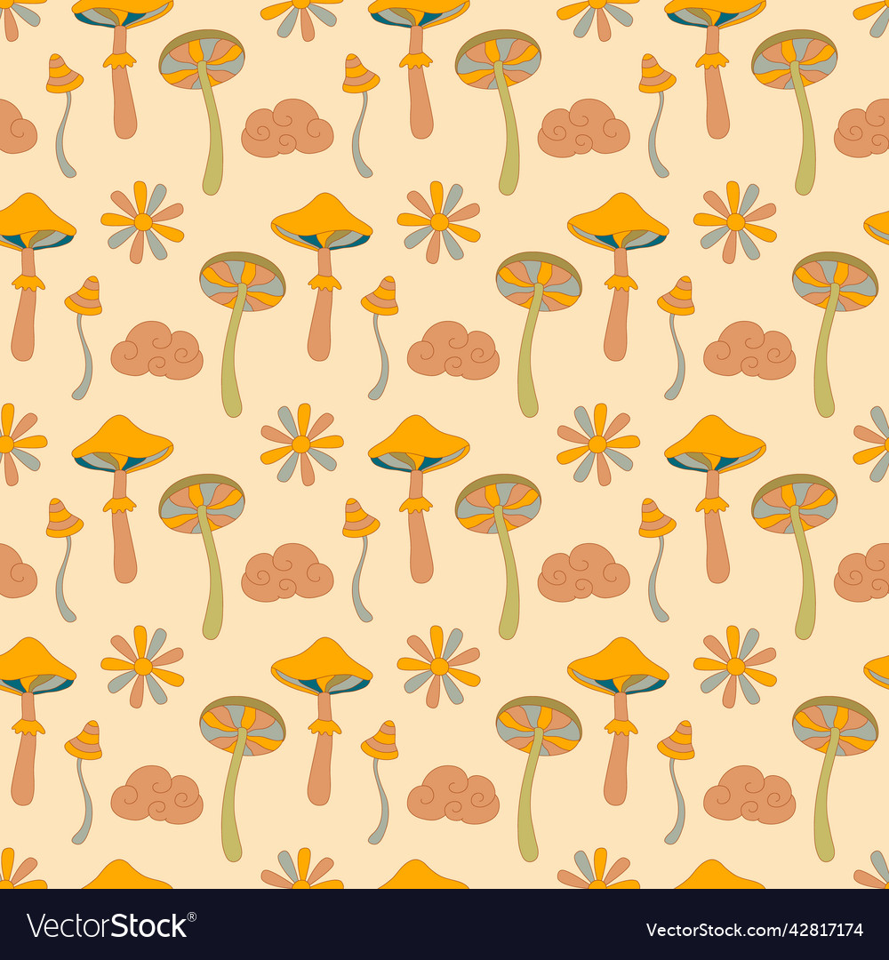 Cute mushrooms 70s style seamless pattern vector image Cute mushrooms 70s style seamless pattern