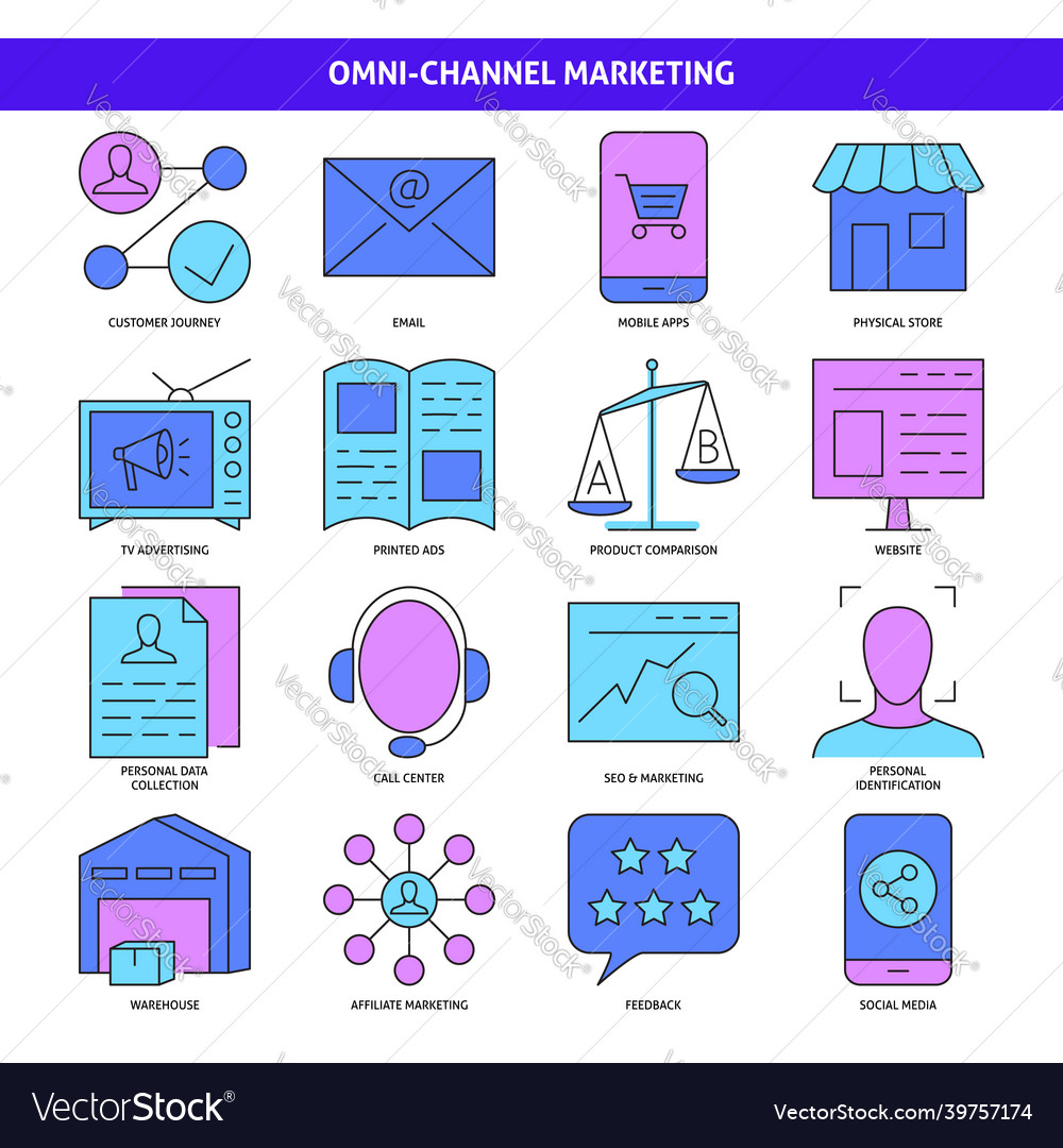 Omni channel icon collection in colored line style vector image Omni channel icon collection in colored line style