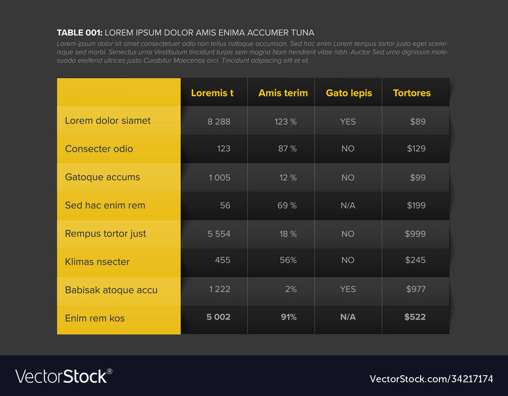 Simple accordion stylized data table layout vector image Simple accordion stylized data table layout