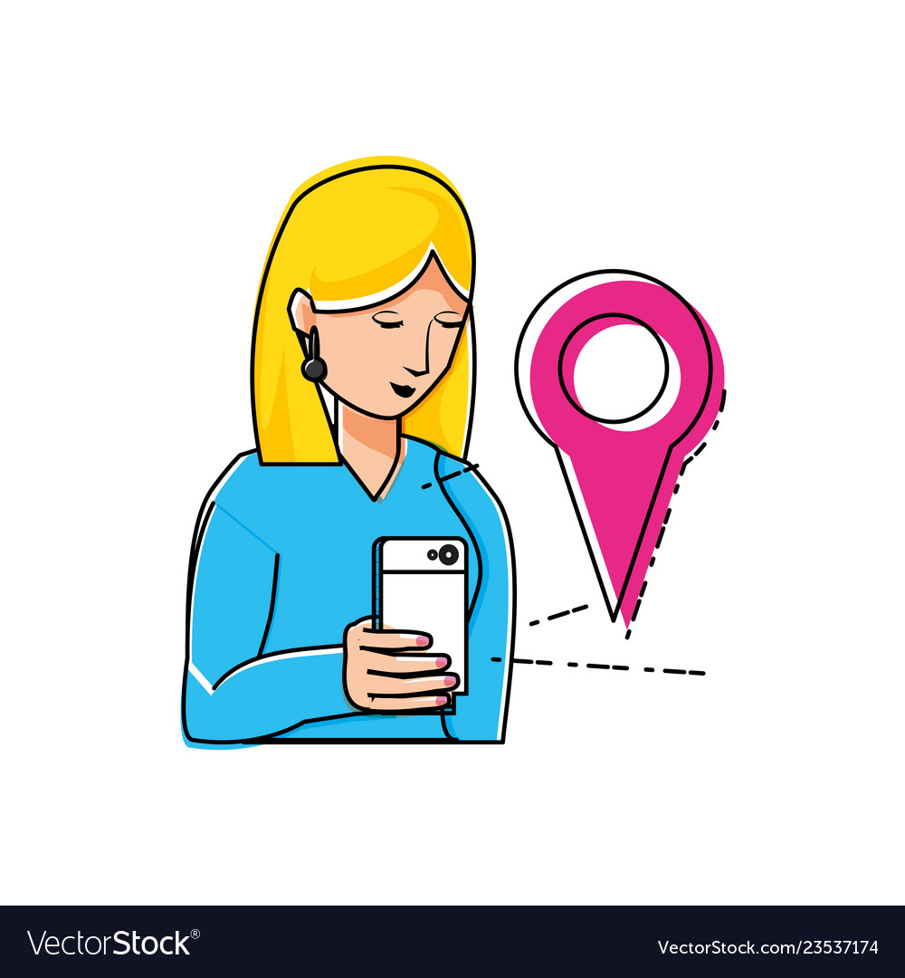 Woman using smartphone with pointer location Vector Image Woman using smartphone with pointer location