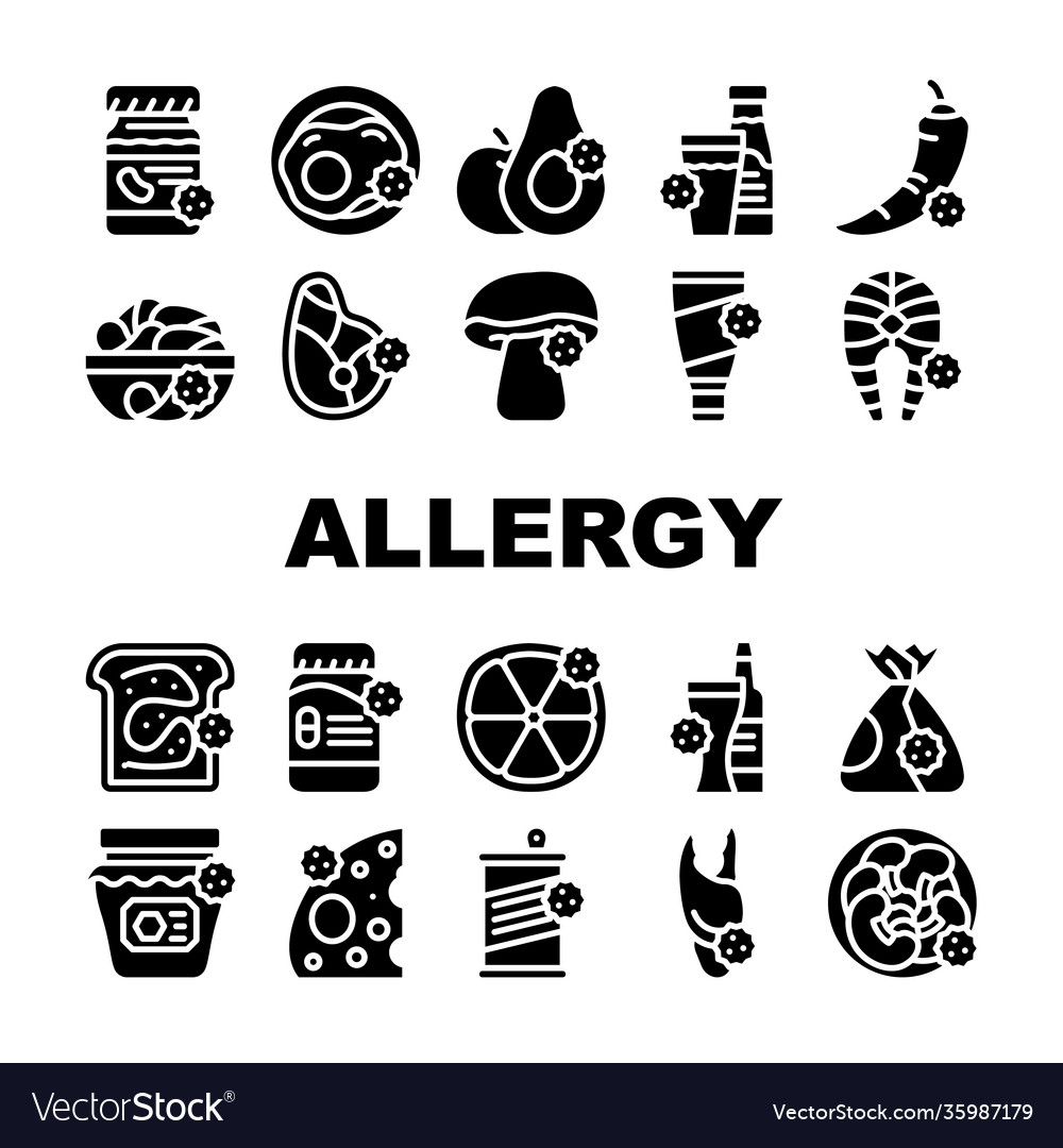Allergy on products collection icons set vector image Allergy on products collection icons set