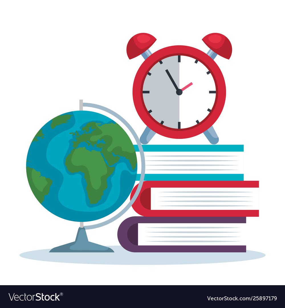 Global map with books and clock alarm