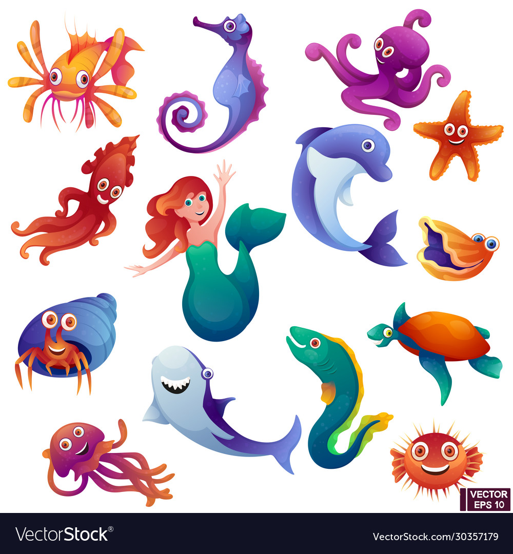 Set cartoon marine inhabitants