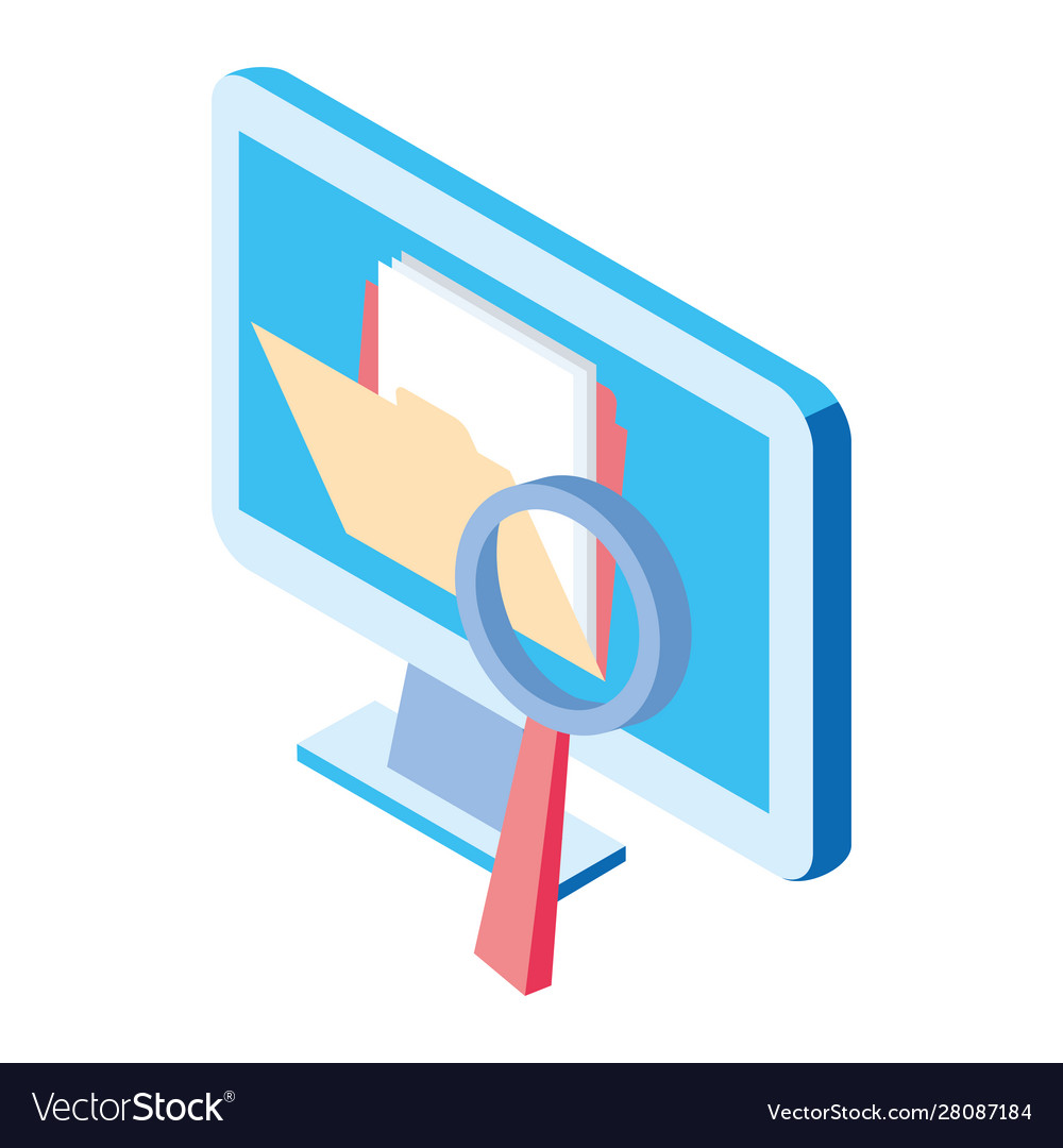 Computer with folder and magnifying glass