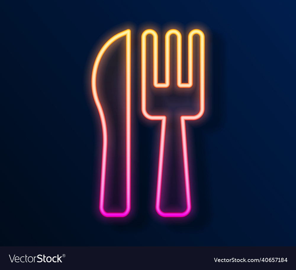 Glowing neon line crossed knife and fork icon