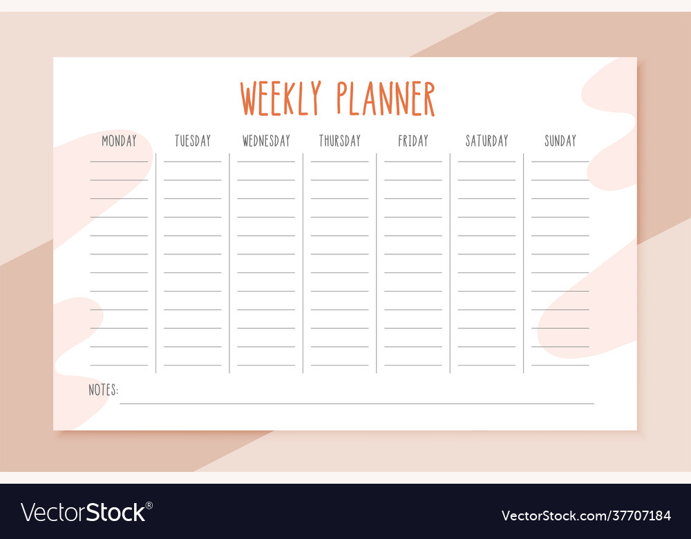 Weekly planner template card for notes Royalty Free Vector