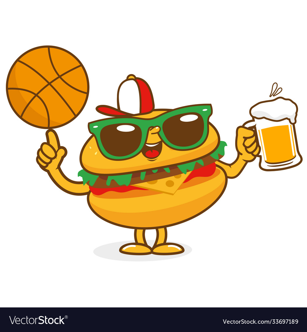 Hamburger Cartoon mit Basketball und Bier