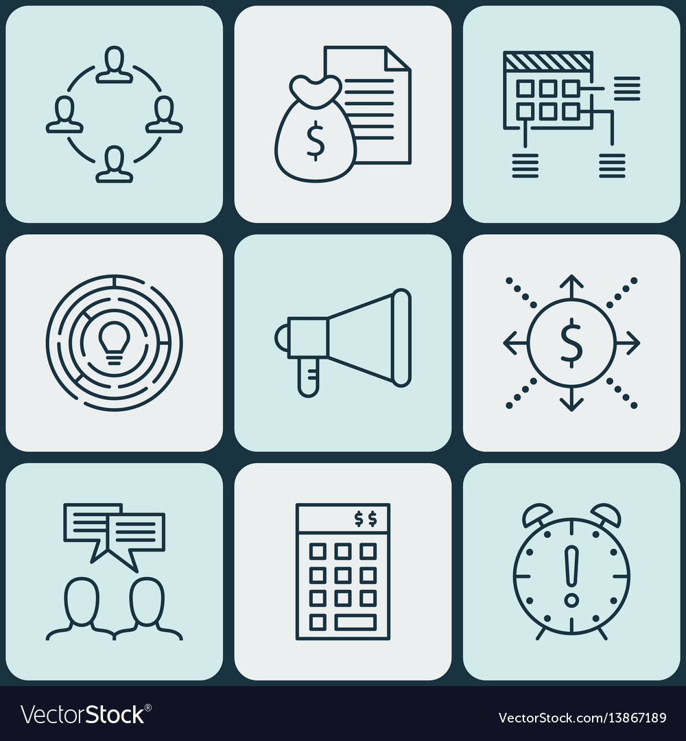Set of 9 project management icons includes report vector image Set of 9 project management icons includes report