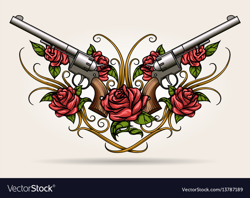 Two guns and rose flowers drawn in tattoo styl Vector Image