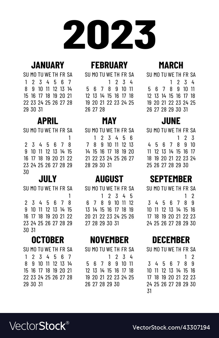 Calendar template 2023 black and white english Vector Image