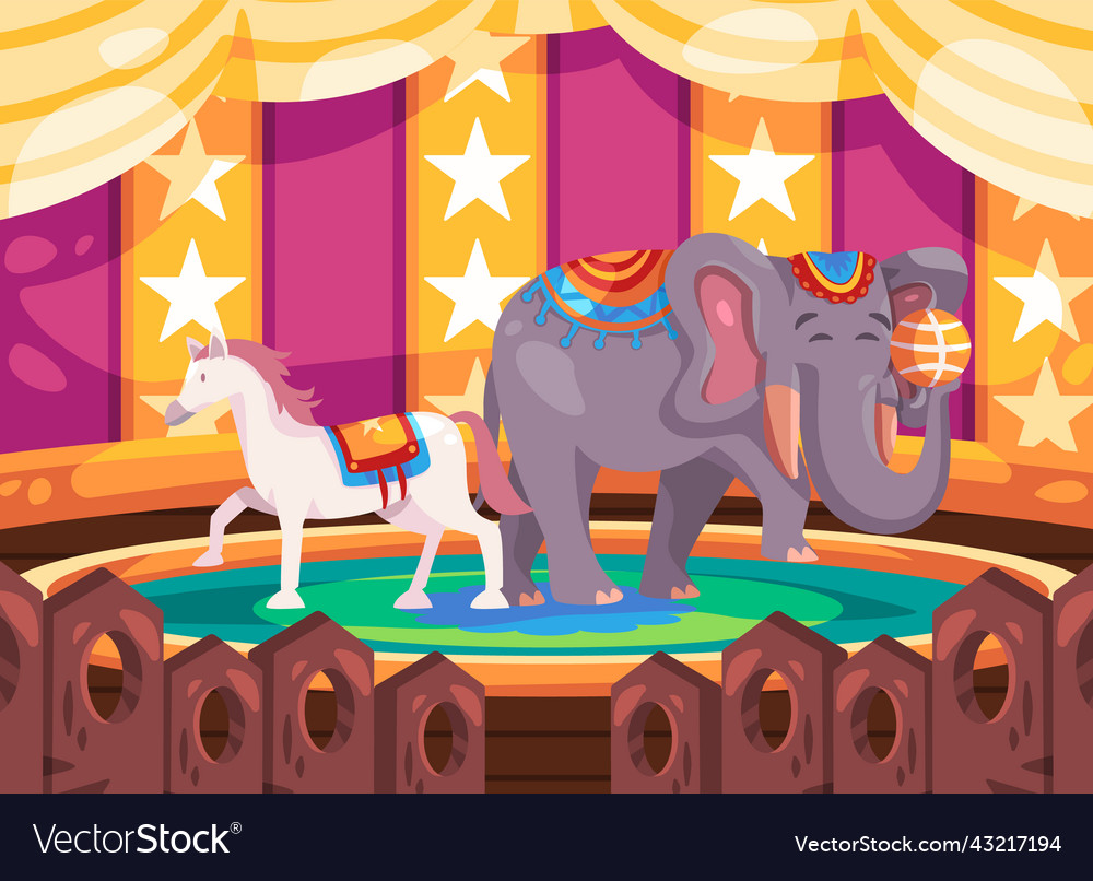 Colorful circus tent elephant and horse perform