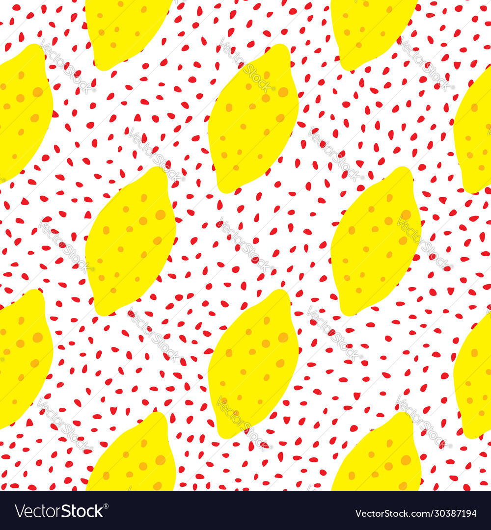 Funny lemon with leaf seamless pattern on dots vector image Funny lemon with leaf seamless pattern on dots