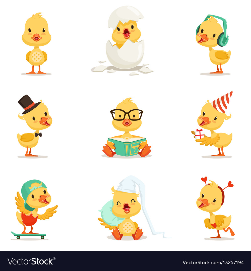 Little yellow duckling different emotions