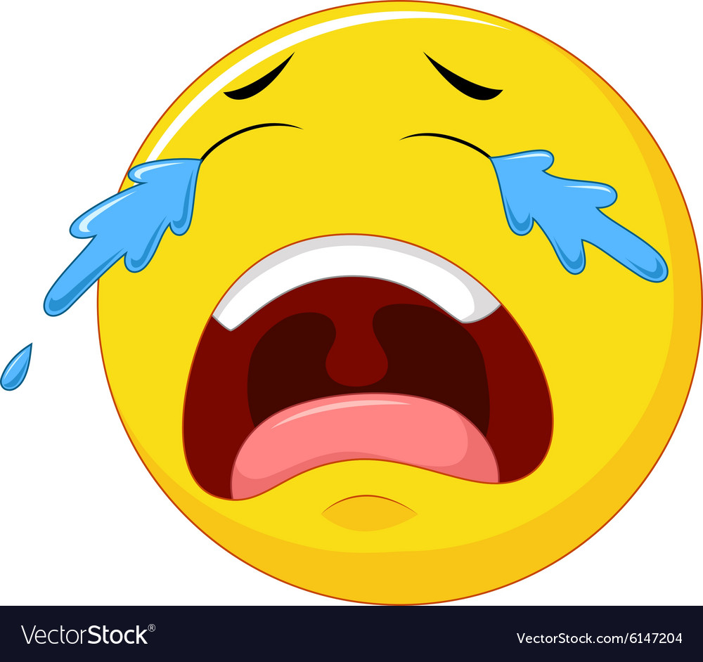 Crying emoticon smiley face character with tears Vector Image