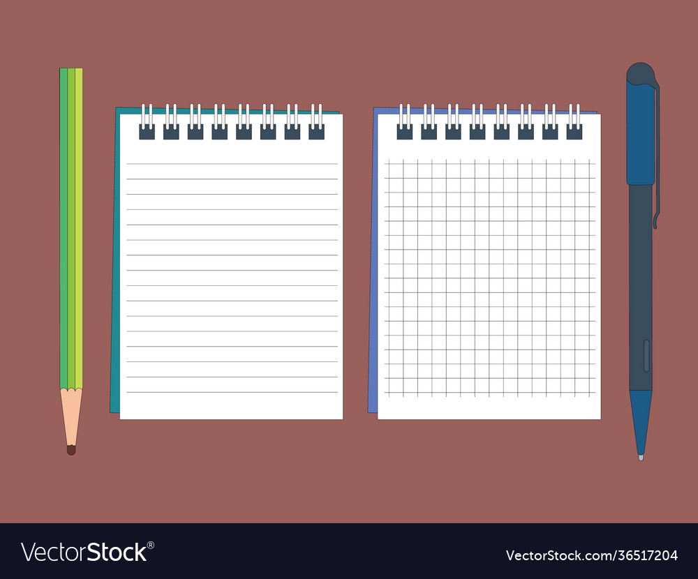 Opened notepad with pencil and pen in top view vector image Opened notepad with pencil and pen in top view